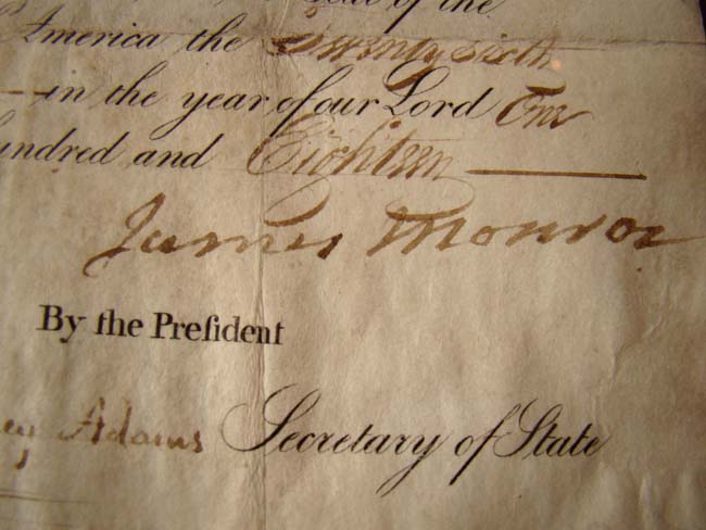A superb Meditteranean Ships Passport document signed on February 26, 1818 by President James Monroe and Secretary of State and future President John Quincy Adams. — image 2